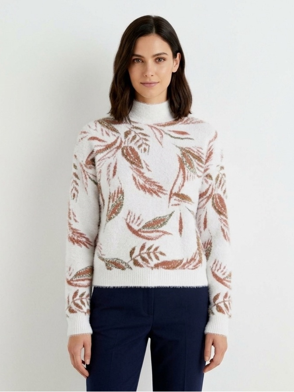 Tahari White Mock Neck Sweater with Rust Leaf Print